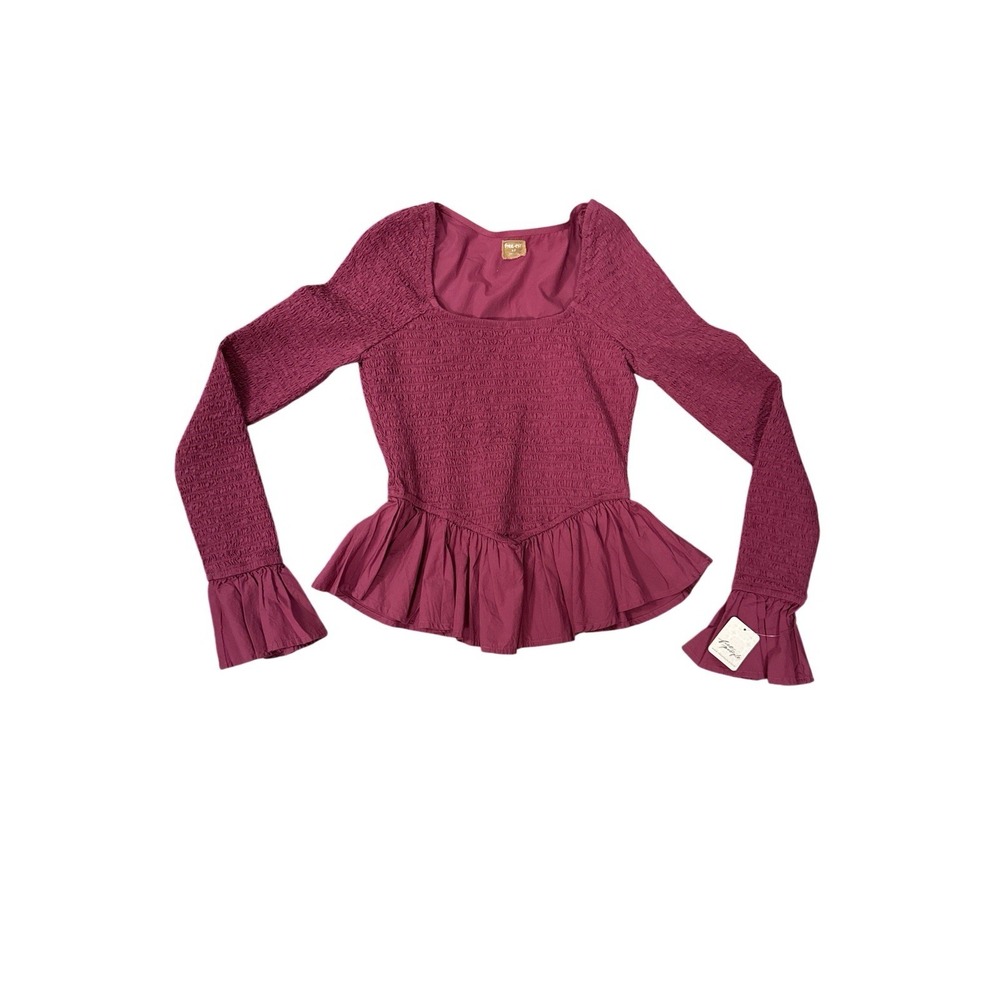 Free‎ People Free-Est Smocked Top Women S Pink Rose NEW Sweetheart Peplum Blouse